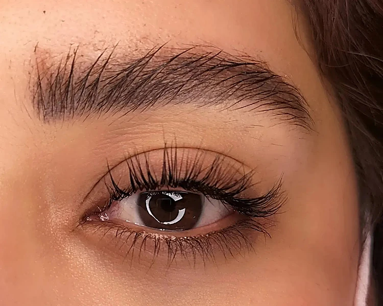 Ojo café con pestañas con volumen, primer plano